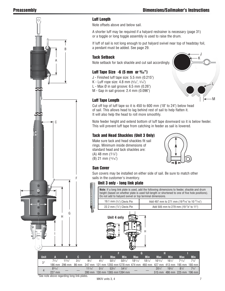 Preassembly dimensions/sailmaker's instructions, Luff length, Tack setback | Luff tape size -6 (5 mm or, Luff tape length, Tack and head shackles (unit 3 only), Sun cover, Unit 3 only - long link plate | Harken 7413.10 MKIV Jib Reefing & Furling built after Feb. 2009 User Manual | Page 7 / 44