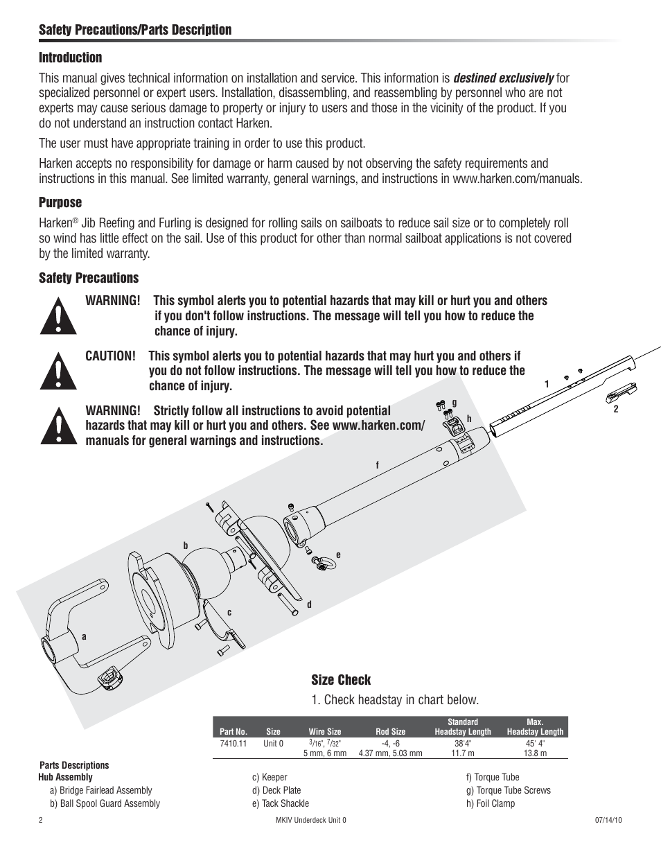 Safety precautions/parts description, Size check 1. check headstay in chart below | Harken 7410.11 MKIV Jib Reefing & Furling User Manual | Page 2 / 40