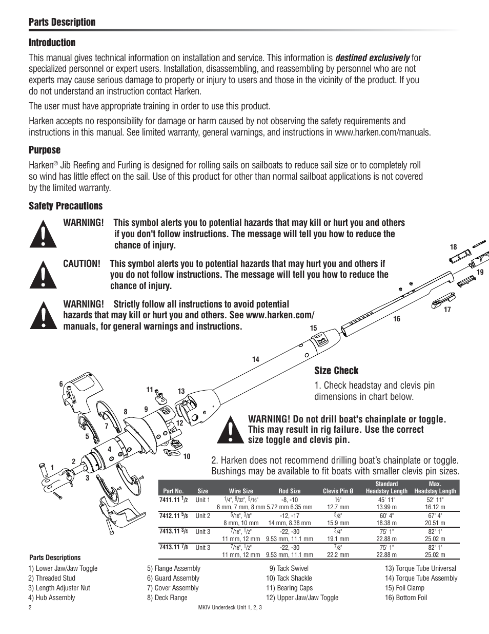 Parts description | Harken 7411.11 1/2 MKIV Jib Reefing & Furling User Manual | Page 2 / 56