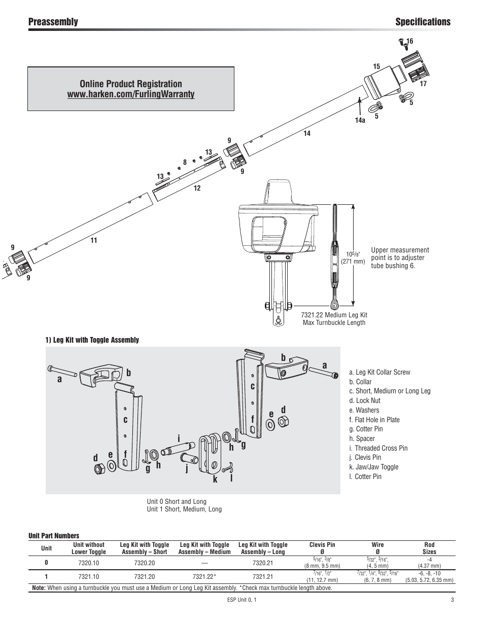 Jk l, Preassembly specifications | Harken 7320.10 ESP Jib Reefing & Furling User Manual | Page 3 / 36