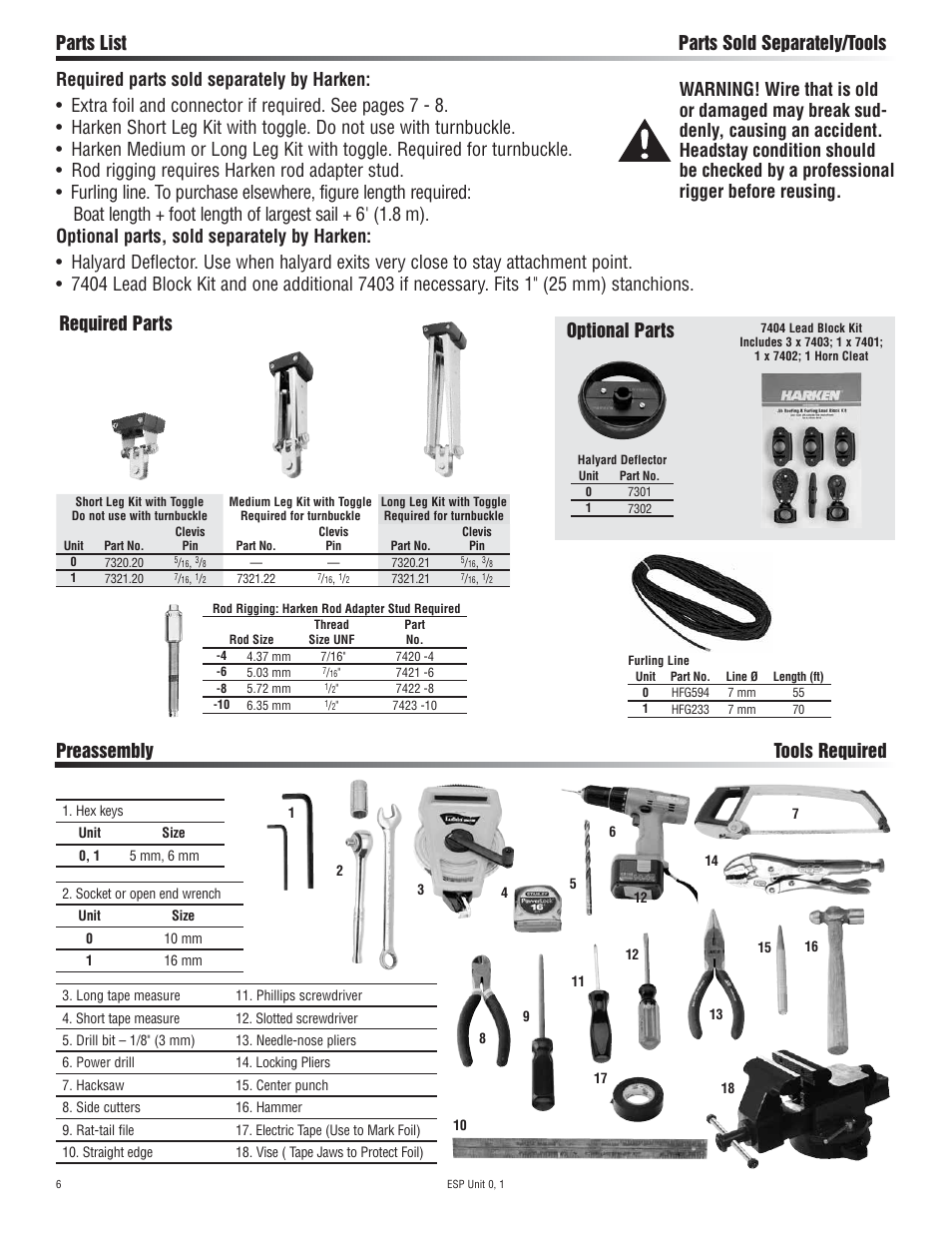 Parts list parts sold separately/tools, Optional parts | Harken 7320.10 ESP Jib Reefing & Furling User Manual | Page 6 / 36