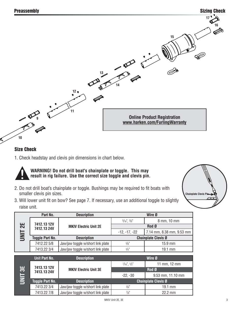 Unit 3e, Unit 2e, Preassembly sizing check | Harken 7412.13 12V MKIV Electric Jib Reefing & Furling User Manual | Page 3 / 48