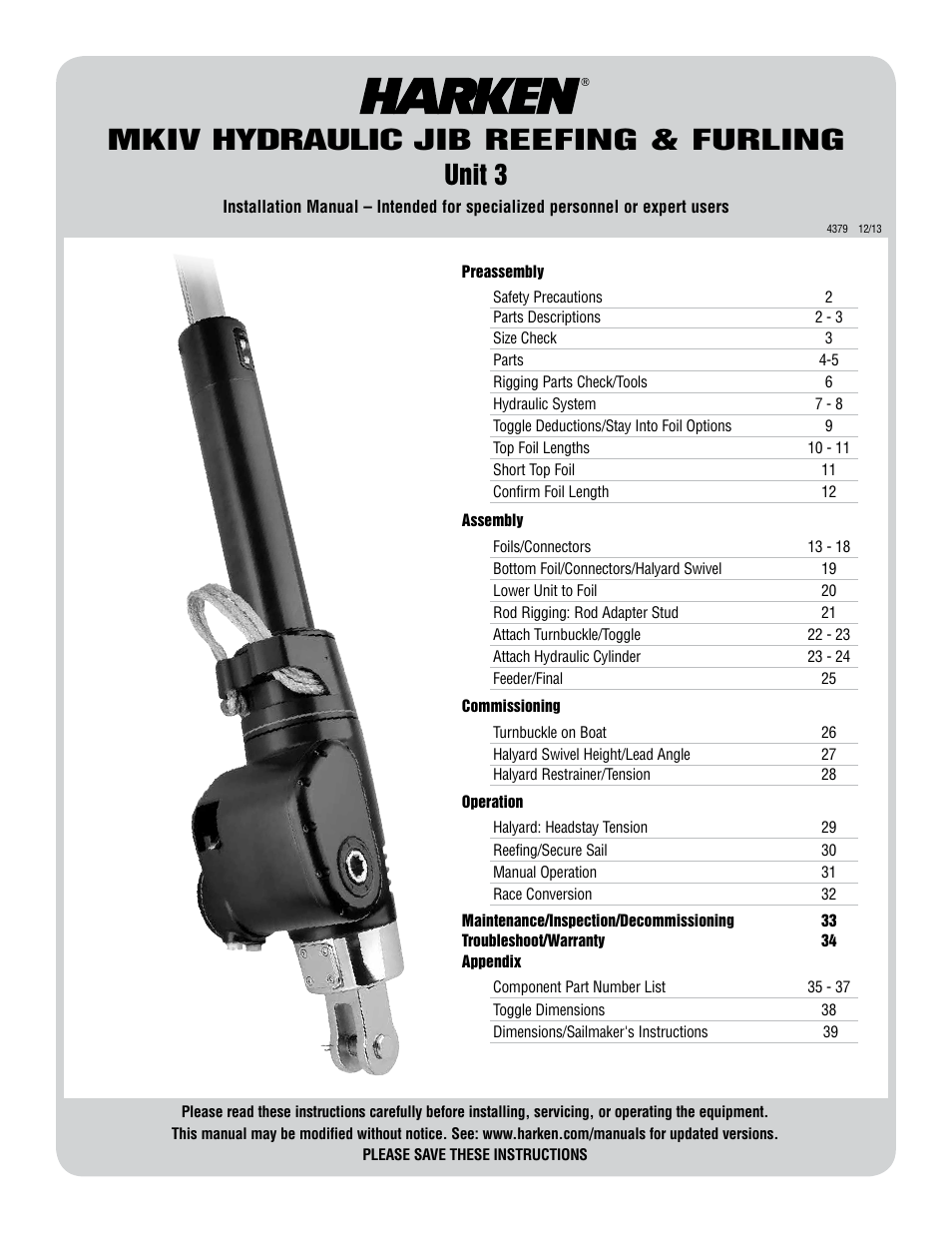 Harken 7413.15 MKIV Hydraulic Jib Reefing & Furling User Manual | 40 pages