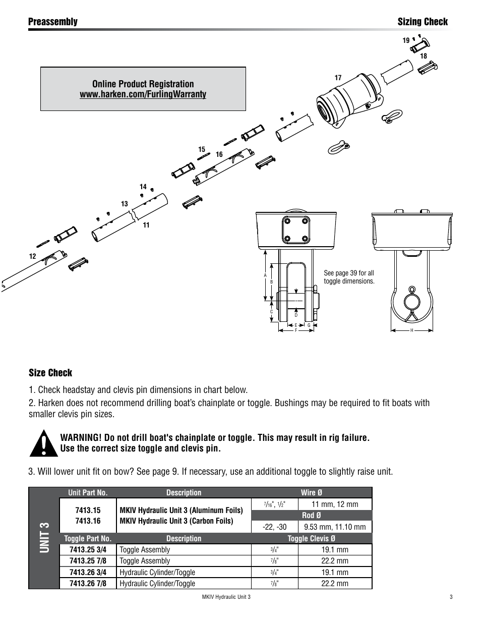 Unit 3, Preassembly sizing check | Harken 7413.15 MKIV Hydraulic Jib Reefing & Furling User Manual | Page 3 / 40