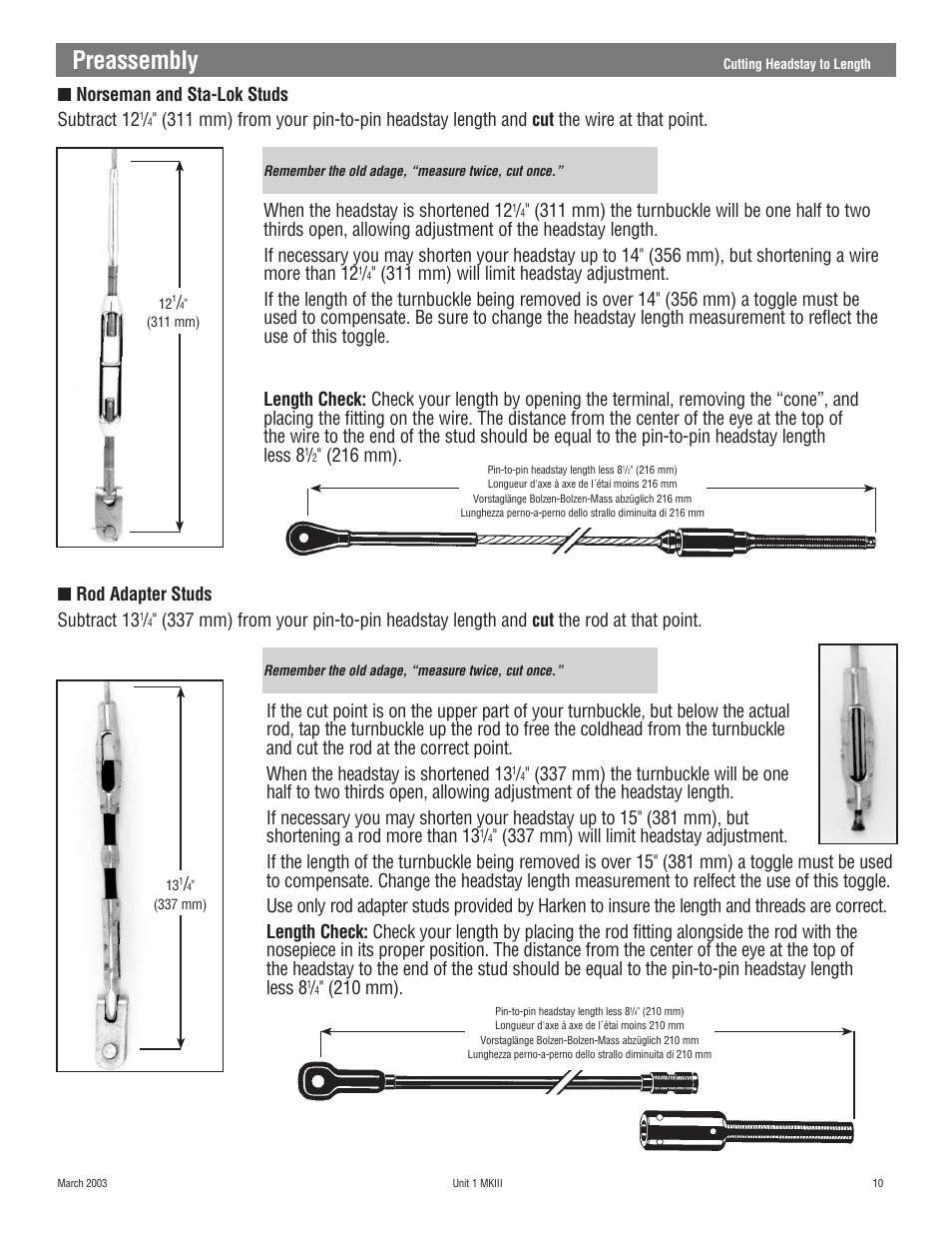 Preassembly, Norseman and sta-lok studs subtract 12, 210 mm) | Harken 882 MKIII Jib Reefing & Furling User Manual | Page 20 / 79