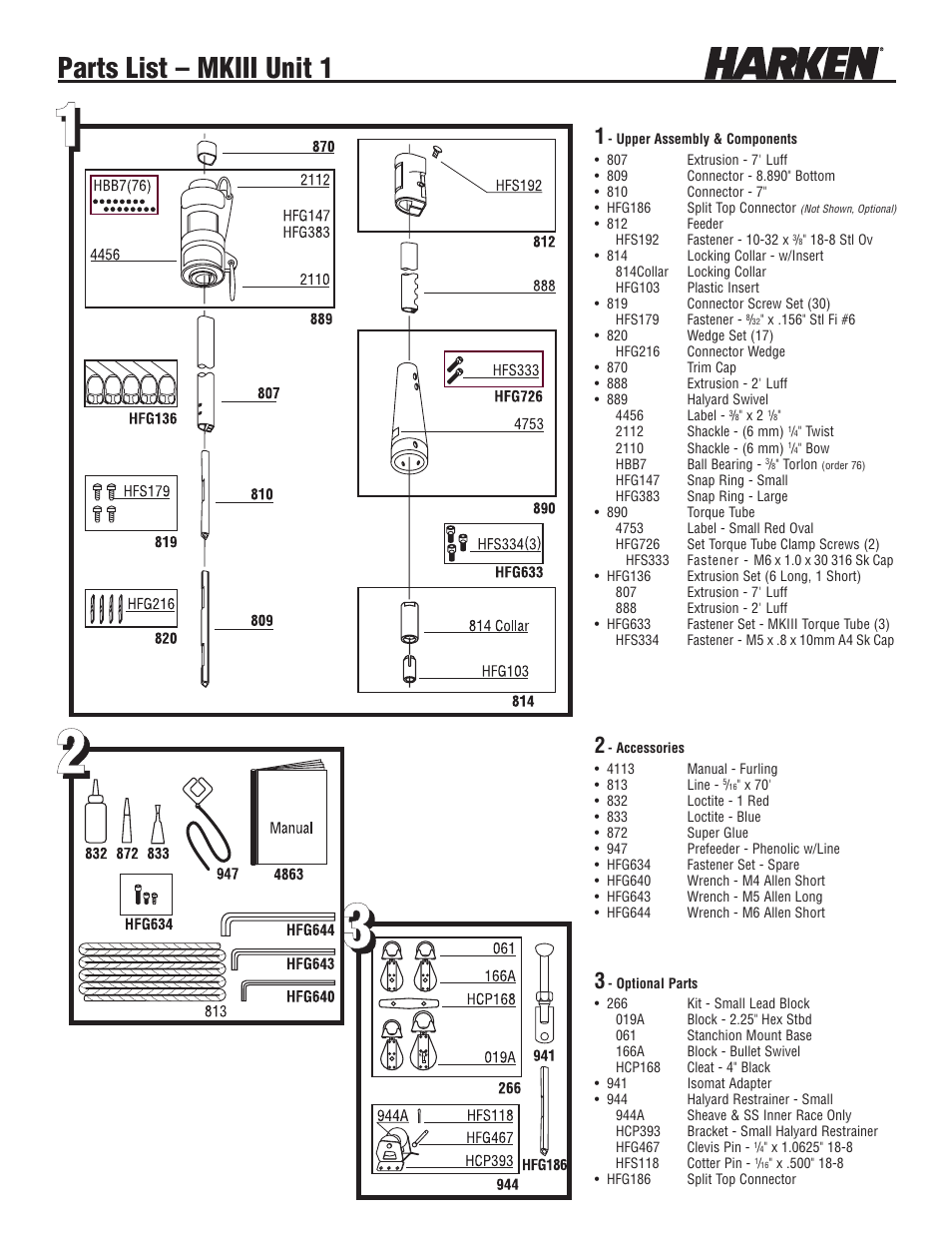 Parts list – mkiii unit 1 | Harken 882 MKIII Jib Reefing & Furling User Manual | Page 75 / 79