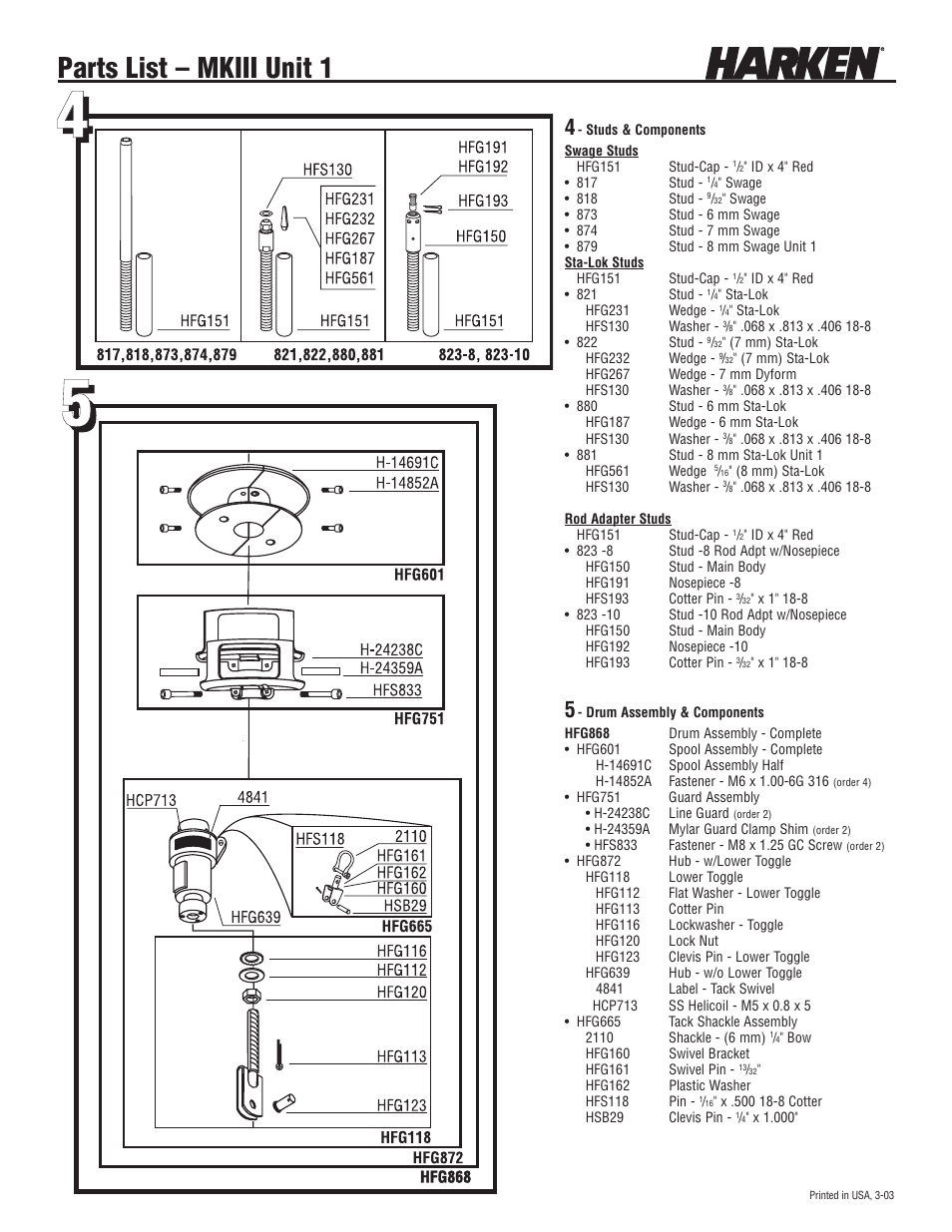 Parts list – mkiii unit 1 | Harken 882 MKIII Jib Reefing & Furling User Manual | Page 76 / 79