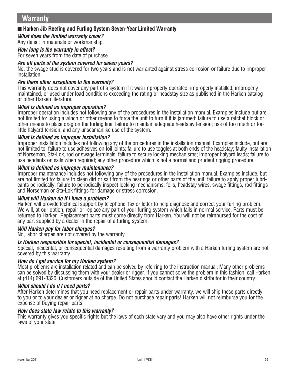 Warranty | Harken 882 MKIII Jib Reefing & Furling User Manual | Page 78 / 79