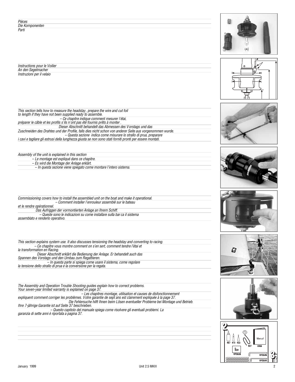 Parts 4-5, Sailmaker instructions 6, Preparation for assembly 7 – 14 | Assembly 15 – 27, Commissioning 28 – 30, Operation 31 – 35, Troubleshooting & repair 36, List of parts 37 – 38 | Harken 948 MKIII Jib Reefing & Furling User Manual | Page 3 / 78
