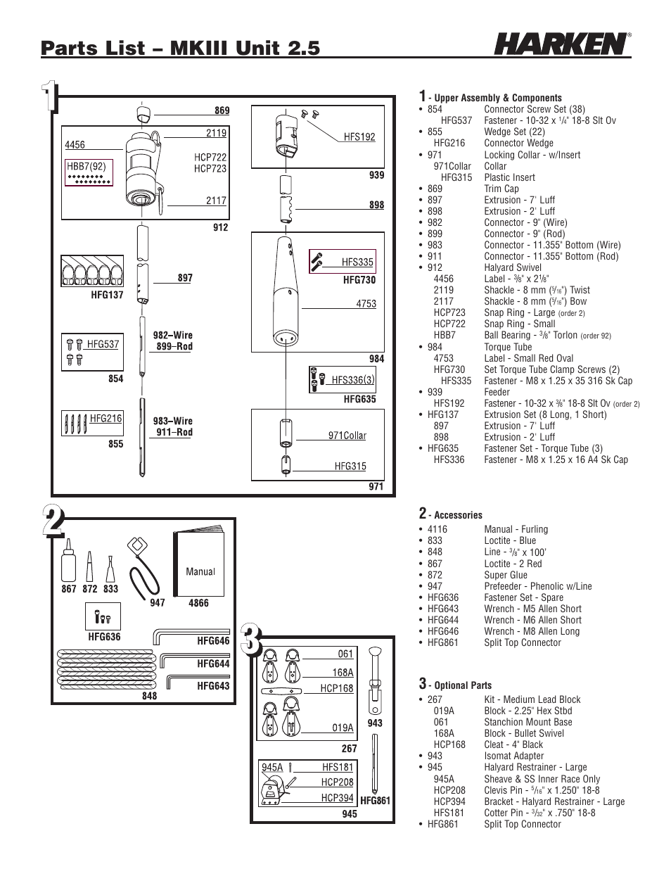 Parts list – mkiii unit 2.5 | Harken 948 MKIII Jib Reefing & Furling User Manual | Page 74 / 78