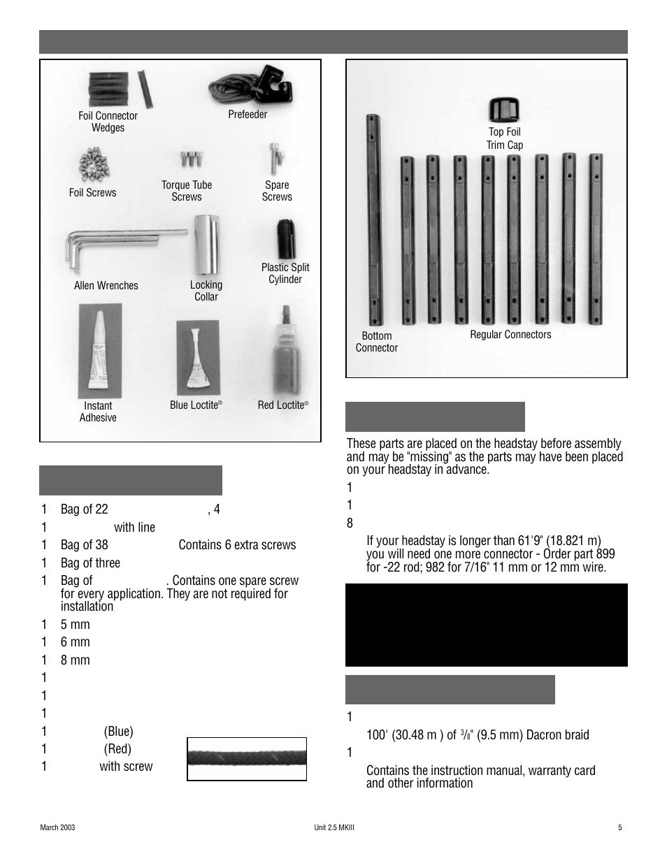 Parts, Miscellaneous parts rigger components, Packed loose in the box | Harken 948 MKIII Jib Reefing & Furling User Manual | Page 9 / 78