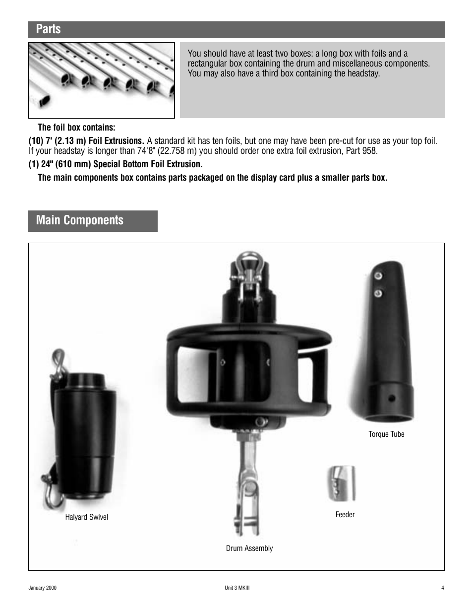 Parts, Main components | Harken 1036 MKIII Jib Reefing & Furling User Manual | Page 7 / 78