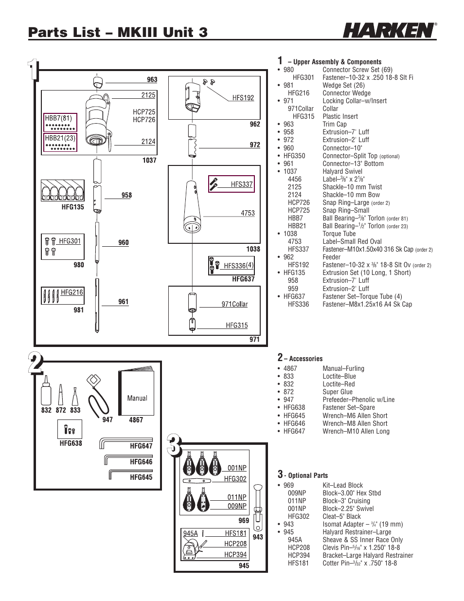 Parts list – mkiii unit 3 | Harken 1036 MKIII Jib Reefing & Furling User Manual | Page 75 / 78