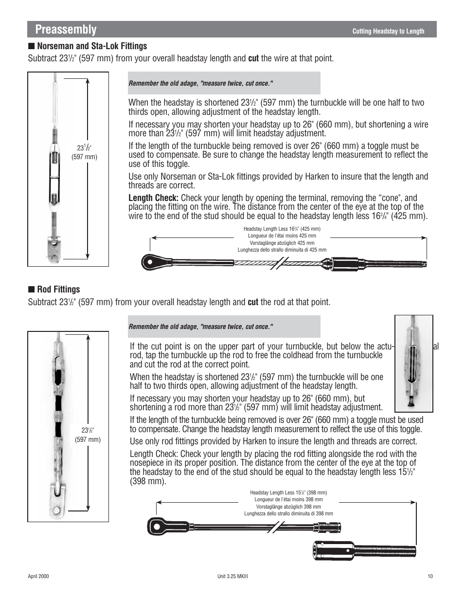 Preassembly, Norseman and sta-lok fittings subtract 23, 398 mm) | Harken 1080 MKIII Jib Reefing & Furling User Manual | Page 19 / 78