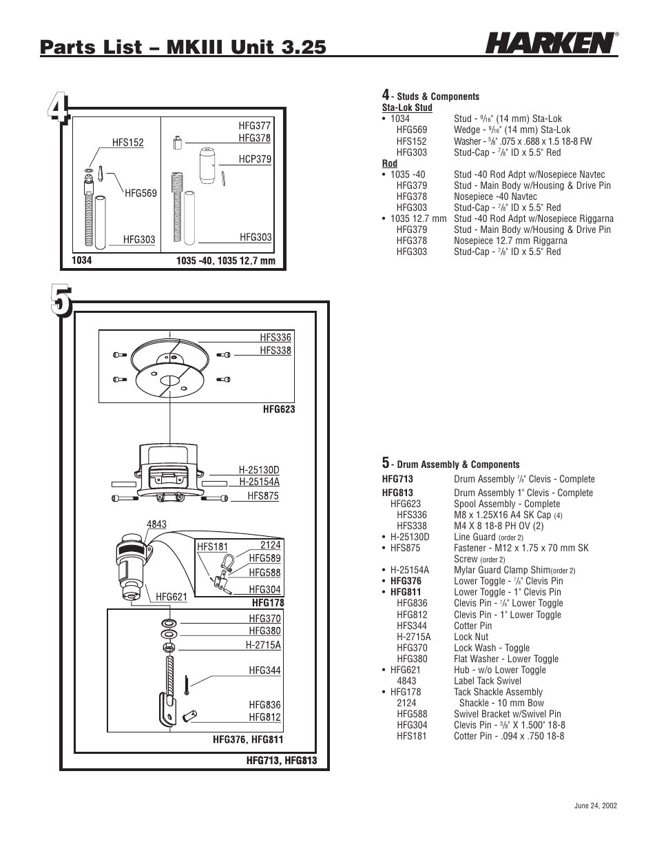 Parts list – mkiii unit 3.25 | Harken 1080 MKIII Jib Reefing & Furling User Manual | Page 76 / 78