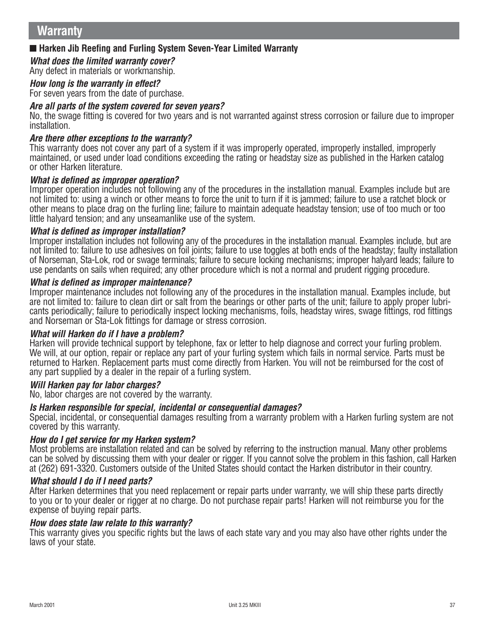 Warranty | Harken 1080 MKIII Jib Reefing & Furling User Manual | Page 77 / 78