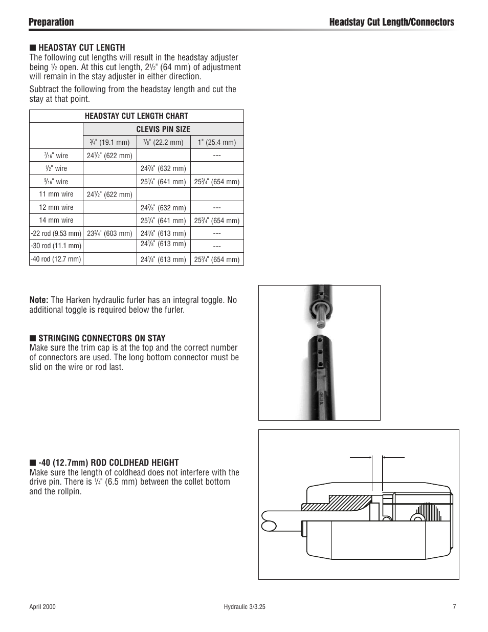 Preparation headstay cut length/connectors, Open. at this cut length, 2, 5 mm) between the collet bottom and the rollpin | Harken 1027 MKIII Hydraulic Jib Reefing & Furling User Manual | Page 7 / 24