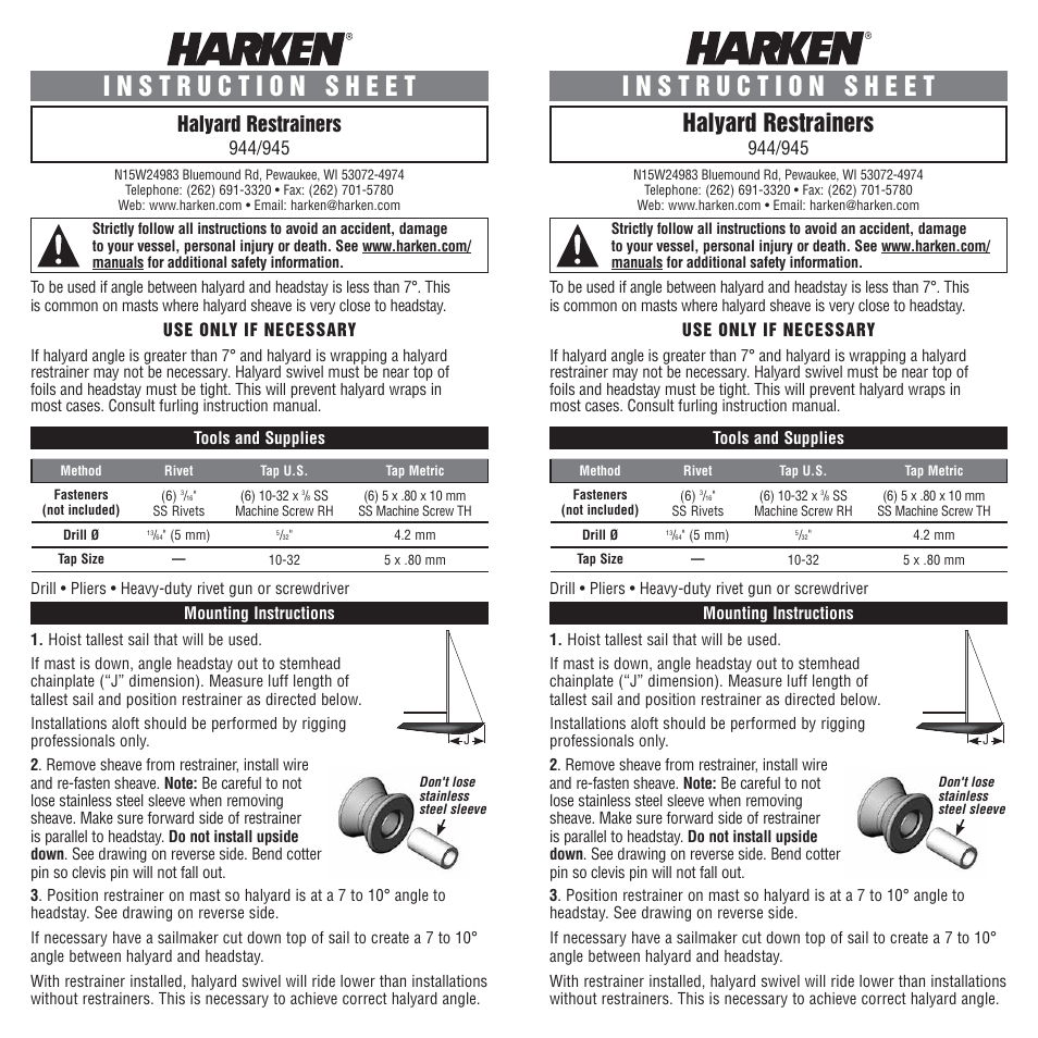 Harken 944 Halyard restrainer User Manual | 2 pages