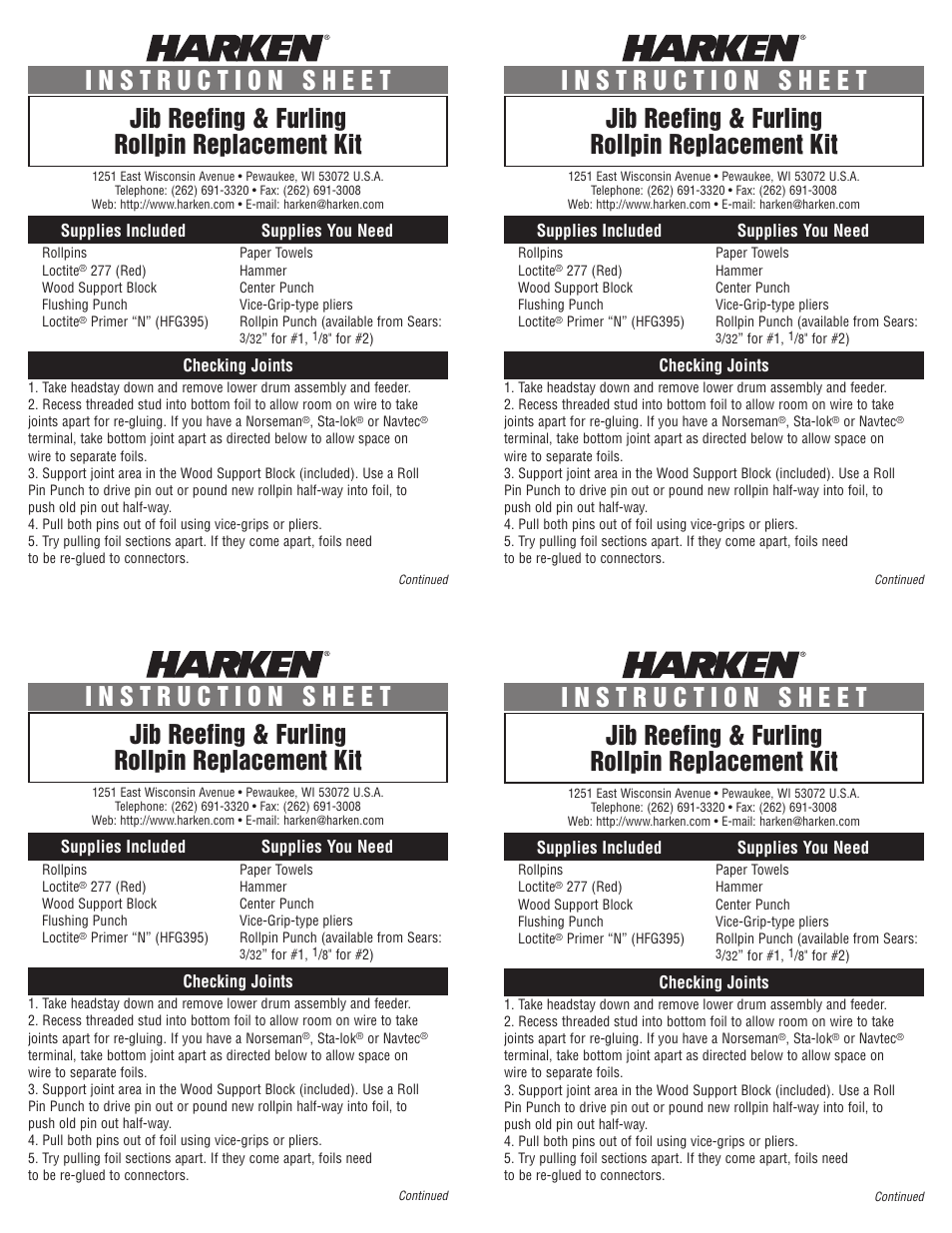 Harken Rollpin replacement kit User Manual | 2 pages