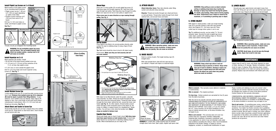 Warranty maintenance, Figure 2, Figure 1 (view of ceiling from floor) | Figure 3, Figure 4, Figure 5, B. raise object, C. store object, A. attach object, D. lower object | Harken 7807 2-Point Lift - 60 lb User Manual | Page 2 / 2