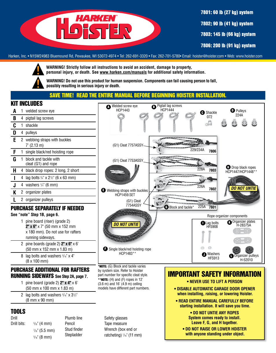 Harken 7801 4-Point Storage System - 60 lb User Manual | 20 pages