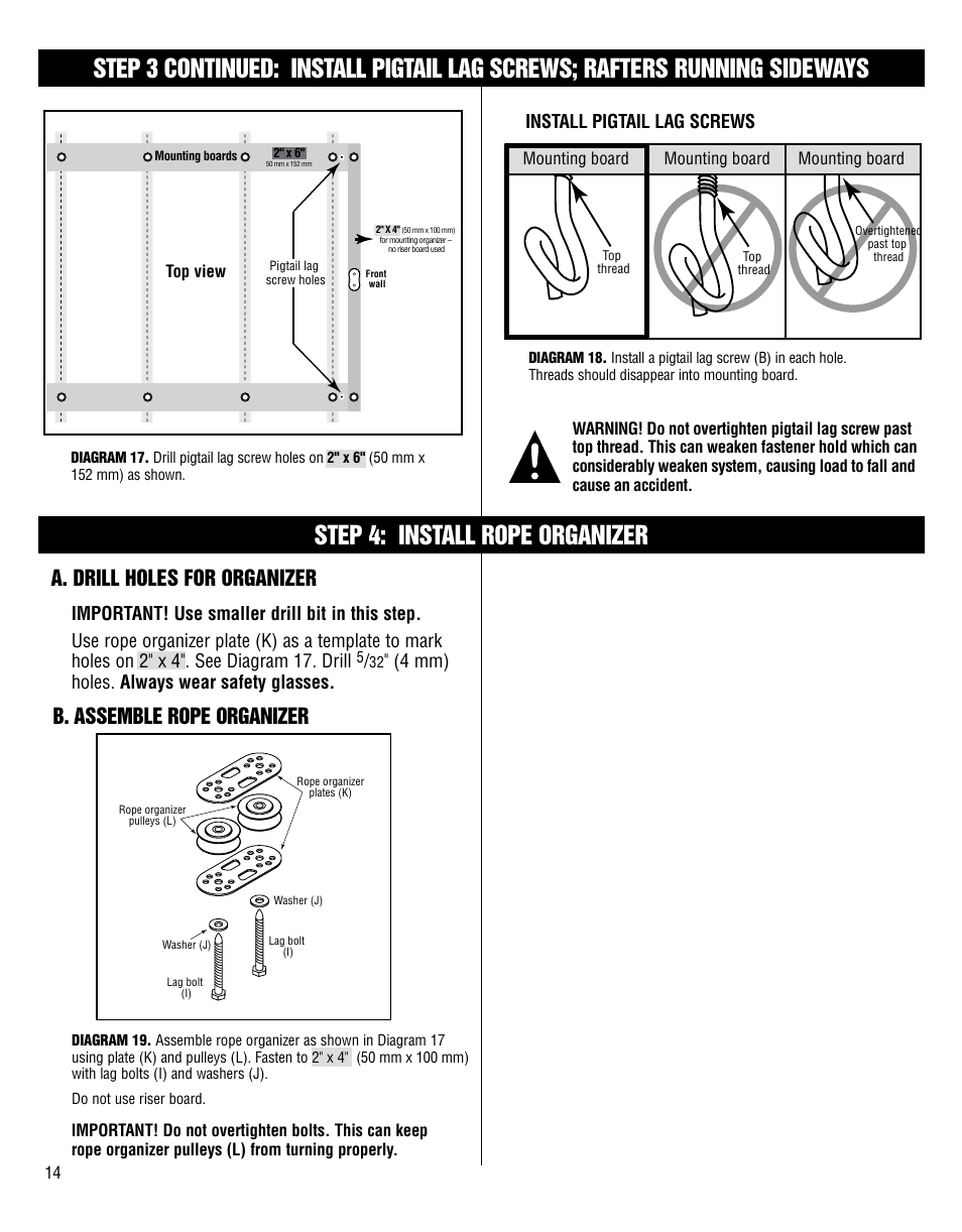 Step 4: install rope organizer, B. assemble rope organizer, A. drill holes for organizer | Install pigtail lag screws, 4 mm) holes. always wear safety glasses | Harken 7801 4-Point Storage System - 60 lb User Manual | Page 14 / 20