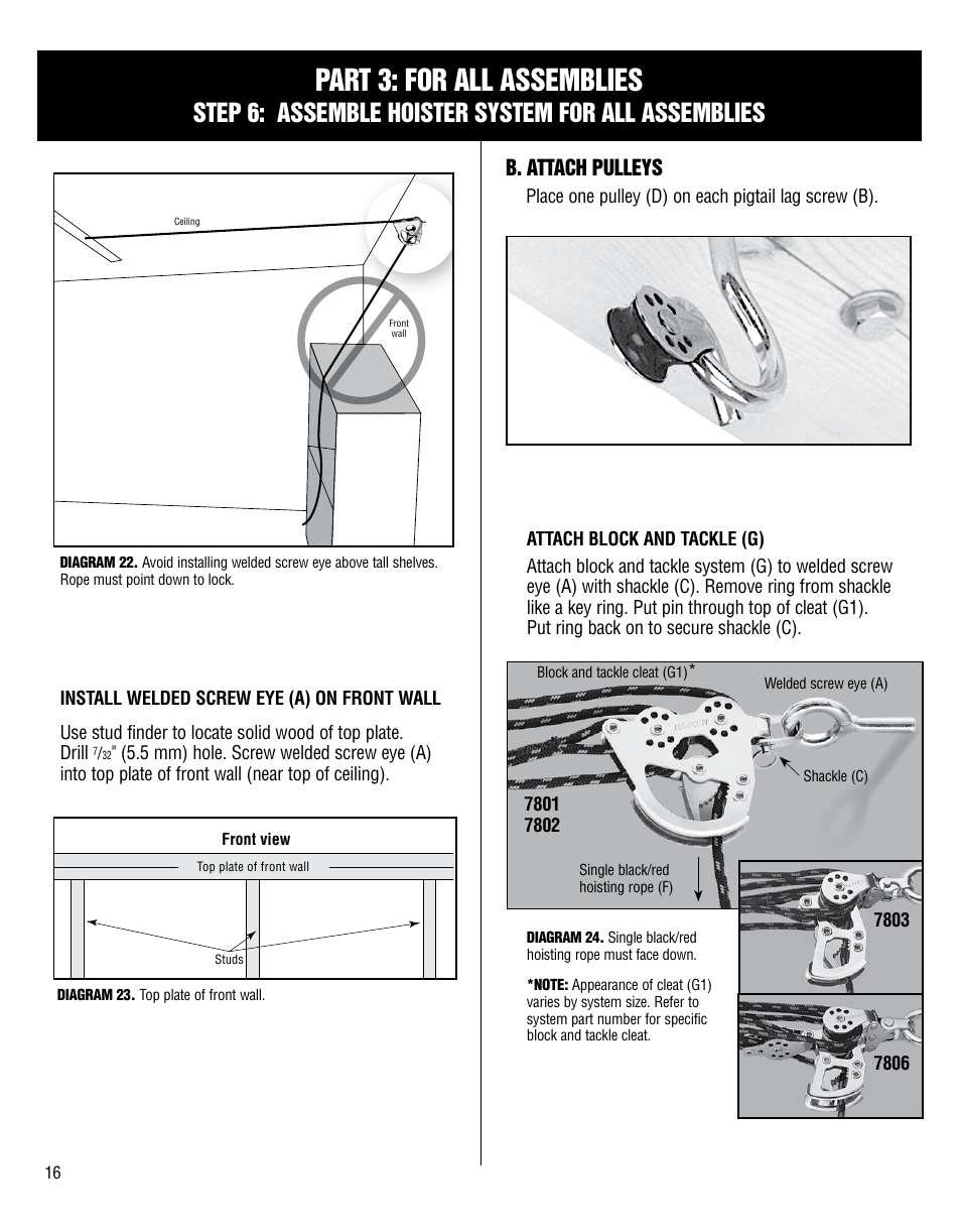 Part 3: for all assemblies, Step 6: assemble hoister system for all assemblies, B. attach pulleys | Harken 7801 4-Point Storage System - 60 lb User Manual | Page 16 / 20