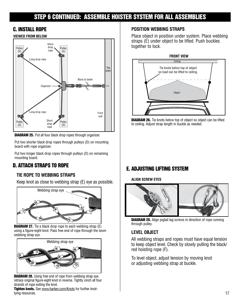 C. install rope d. attach straps to rope, E. adjusting lifting system | Harken 7801 4-Point Storage System - 60 lb User Manual | Page 17 / 20