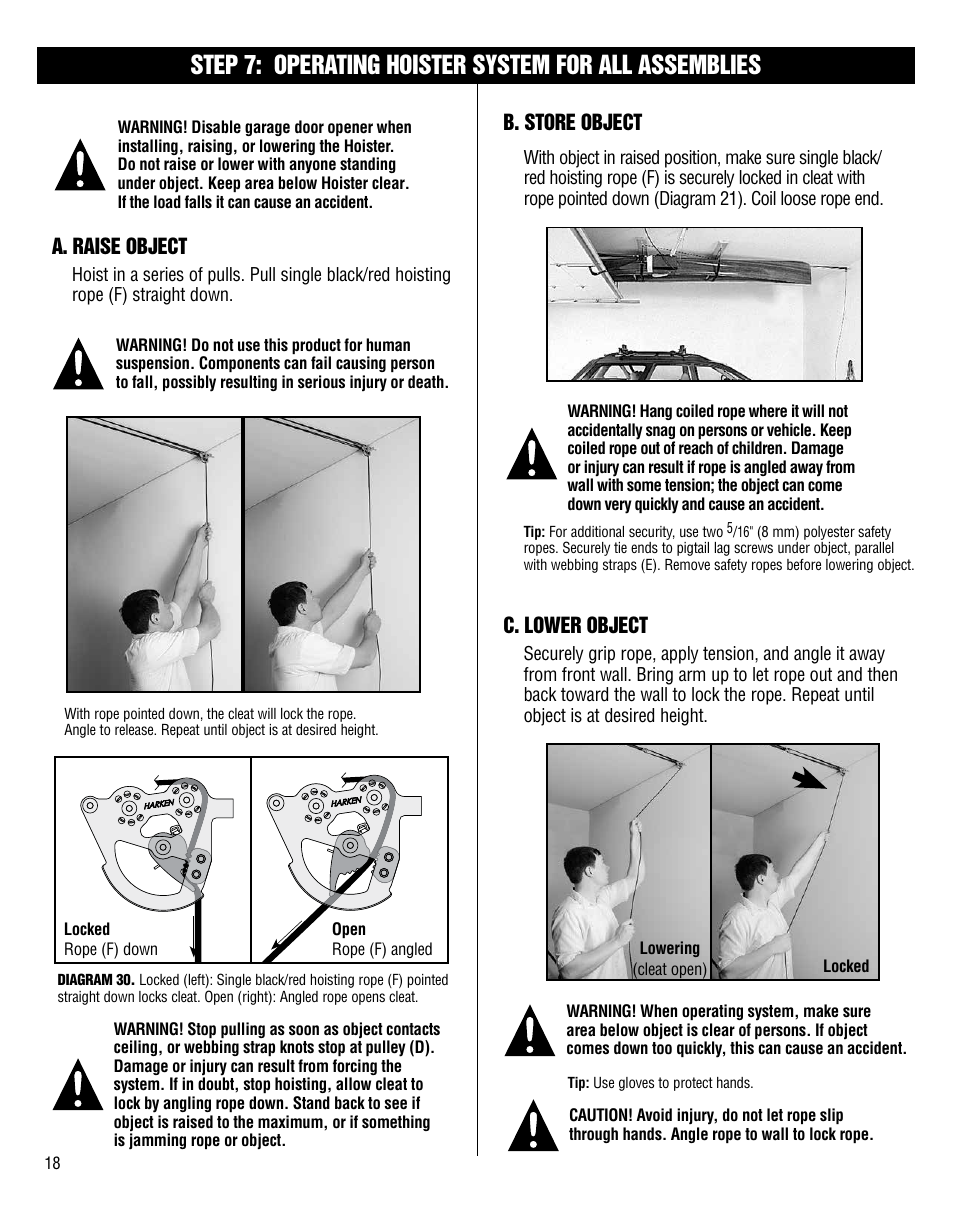 A. raise object, B. store object, C. lower object | Harken 7801 4-Point Storage System - 60 lb User Manual | Page 18 / 20