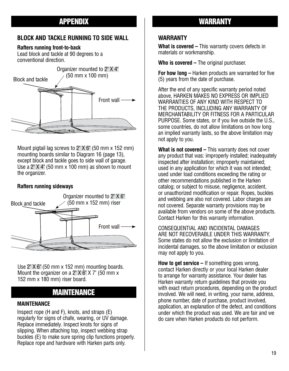 Warranty appendix, Maintenance | Harken 7801 4-Point Storage System - 60 lb User Manual | Page 19 / 20