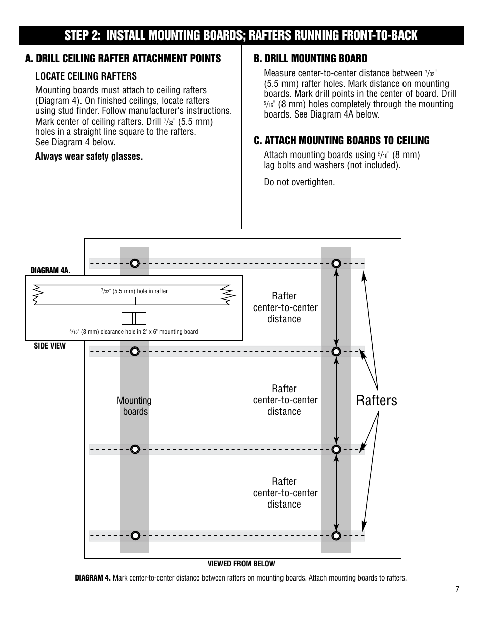 Top view, Rafters, A. drill ceiling rafter attachment points | B. drill mounting board, C. attach mounting boards to ceiling | Harken 7801 4-Point Storage System - 60 lb User Manual | Page 7 / 20