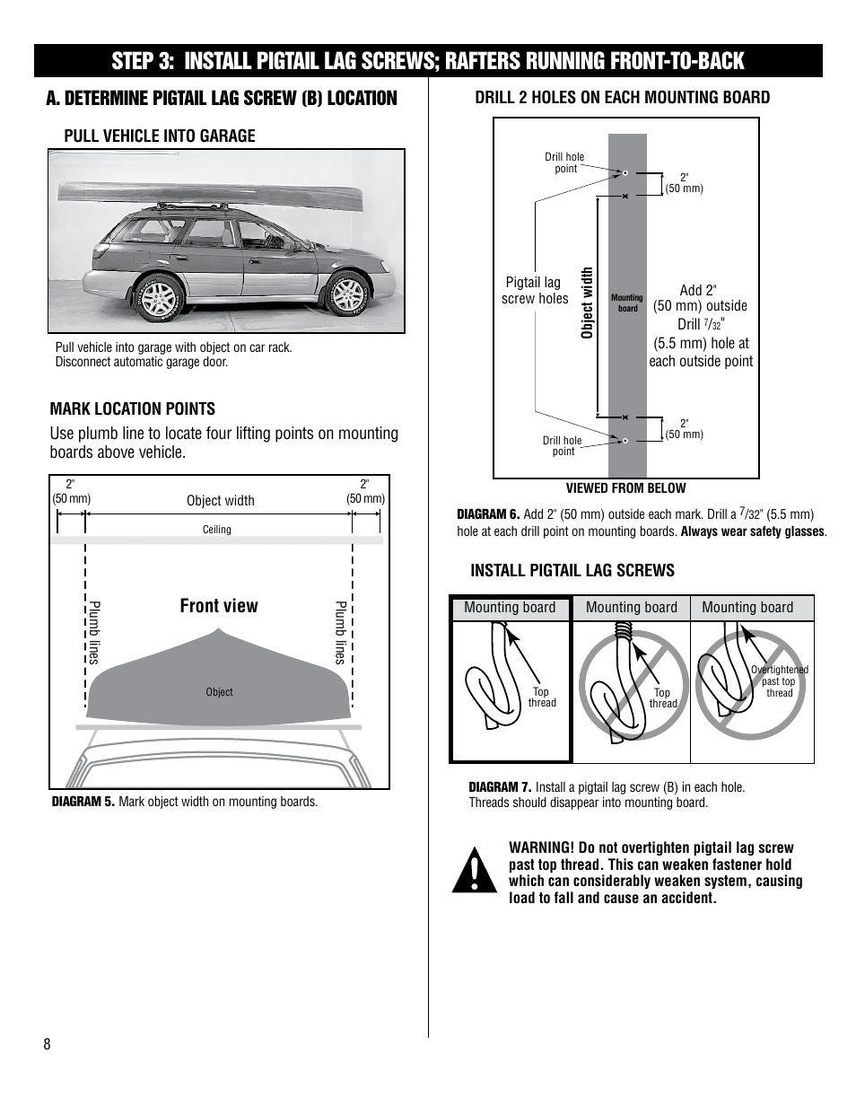 Front view, A. determine pigtail lag screw (b) location, Install pigtail lag screws | Harken 7801 4-Point Storage System - 60 lb User Manual | Page 8 / 20