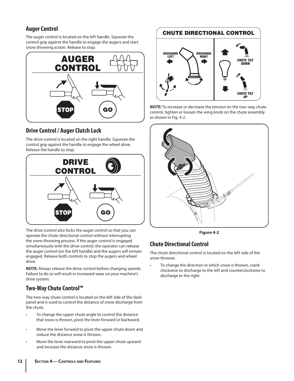 Chute directional control, Auger control, Drive control / auger clutch lock | Two-way chute control | Cub Cadet 945 SWE User Manual | Page 12 / 27