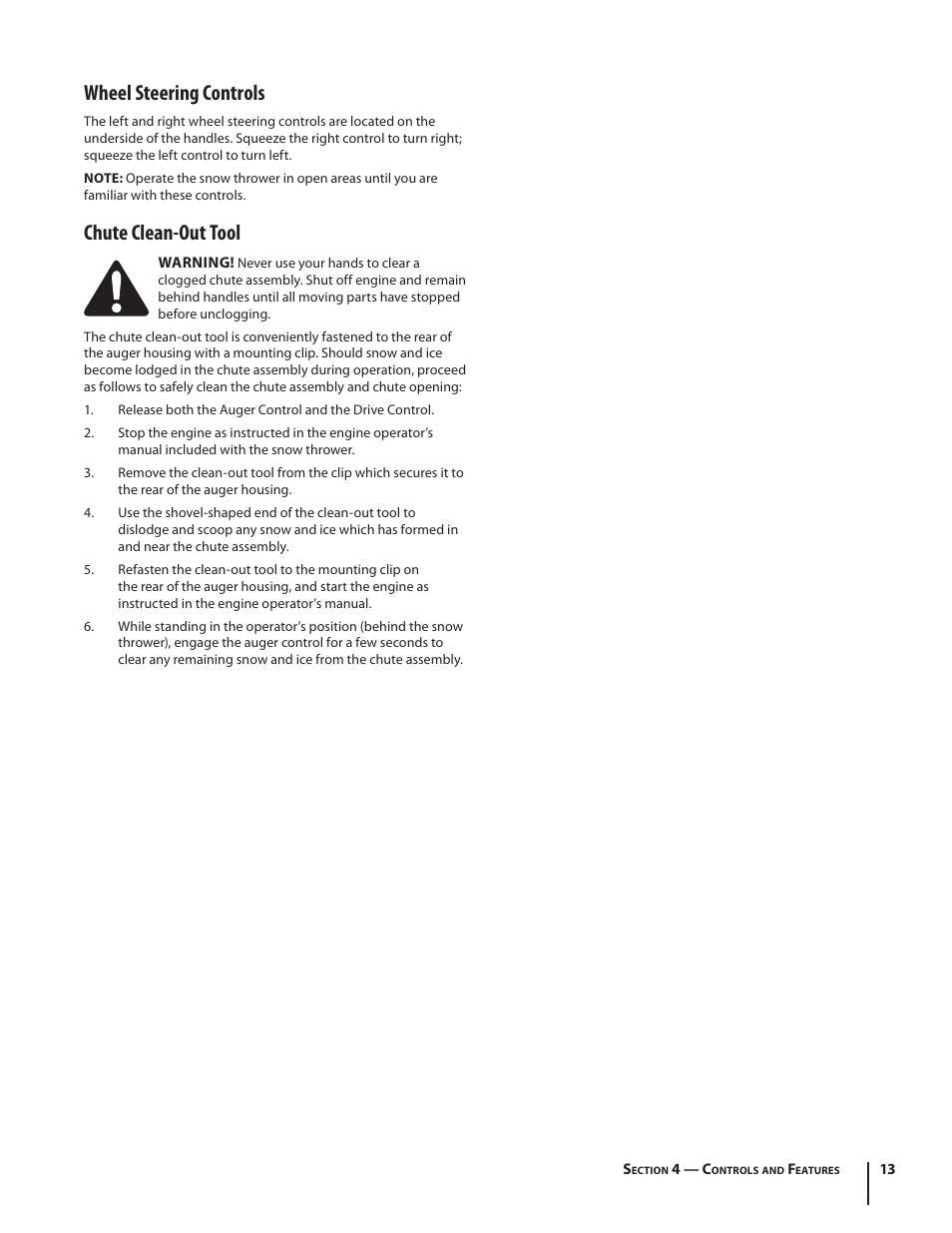 Wheel steering controls, Chute clean-out tool | Cub Cadet 945 SWE User Manual | Page 13 / 27