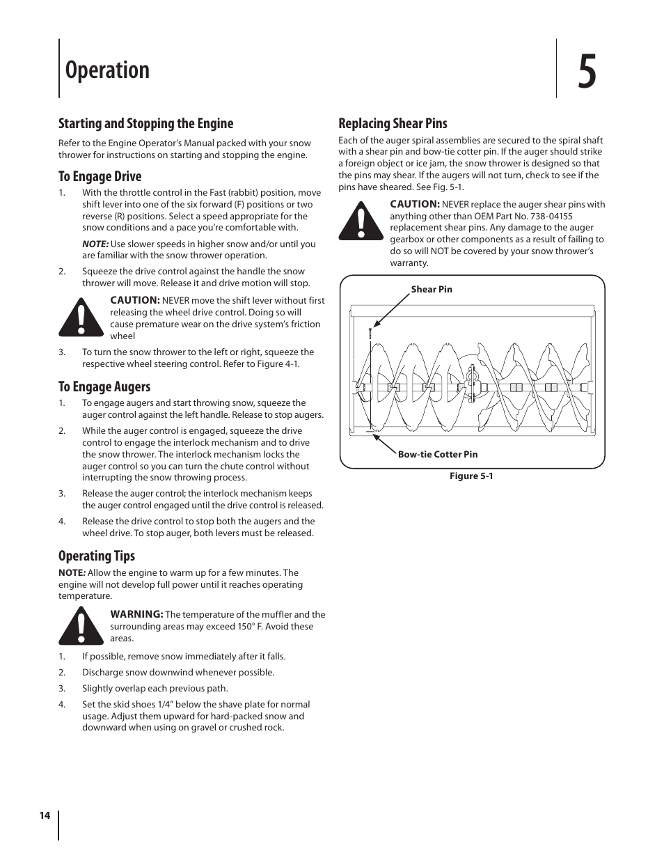 Operation, Starting and stopping the engine, Operating tips | Replacing shear pins | Cub Cadet 945 SWE User Manual | Page 14 / 27