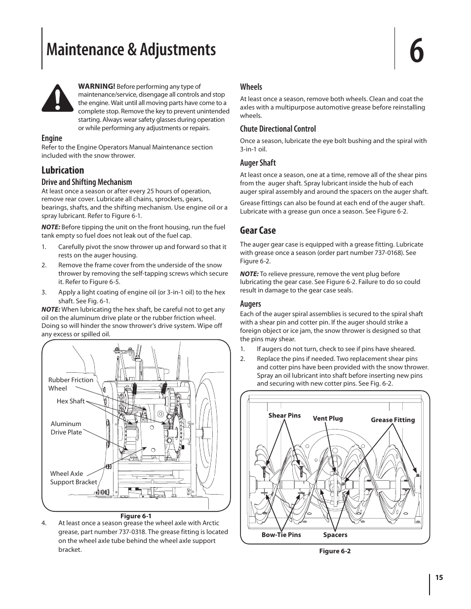 Maintenance & adjustments, Gear case, Lubrication | Cub Cadet 945 SWE User Manual | Page 15 / 27