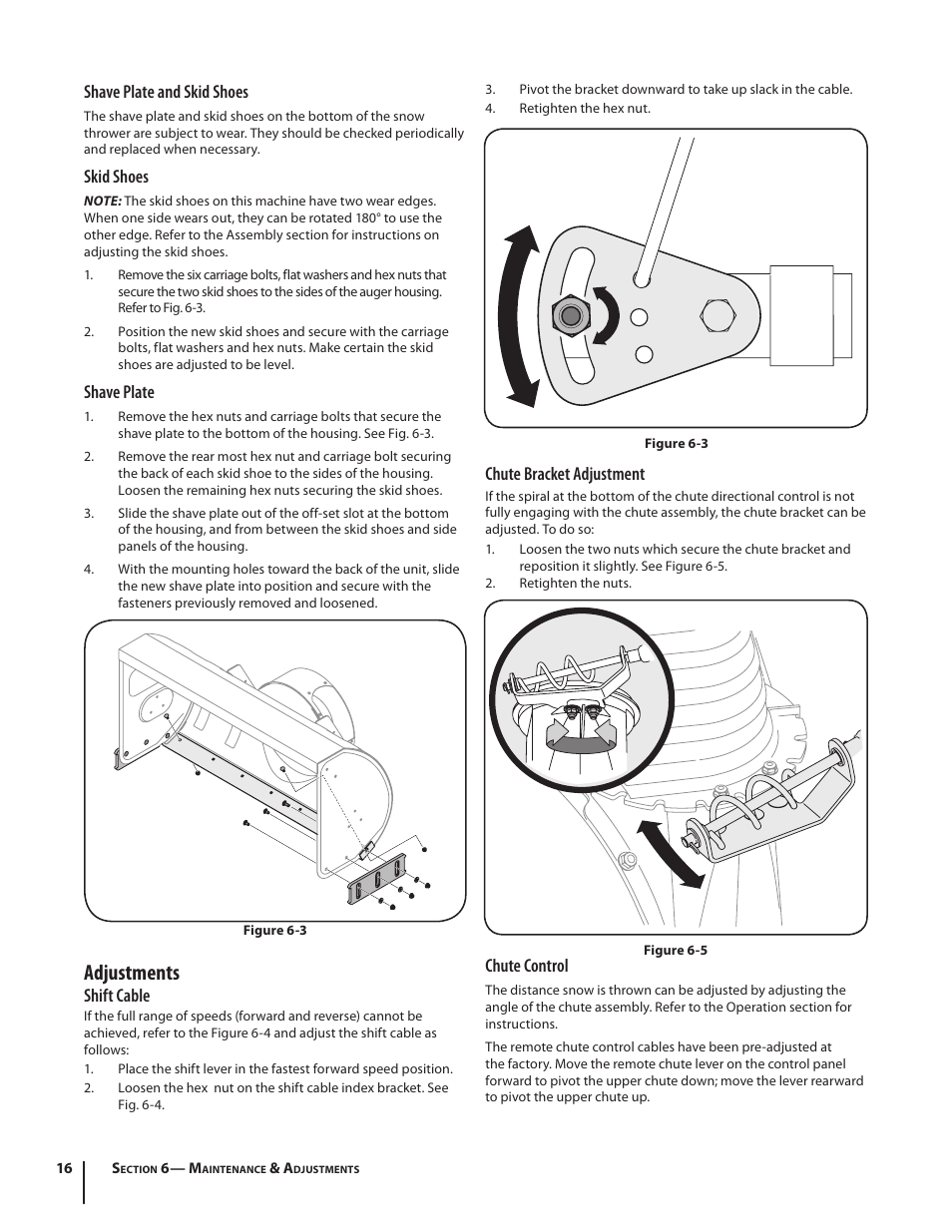 Adjustments, Shave plate and skid shoes, Skid shoes | Shave plate, Shift cable, Chute bracket adjustment, Chute control | Cub Cadet 945 SWE User Manual | Page 16 / 27