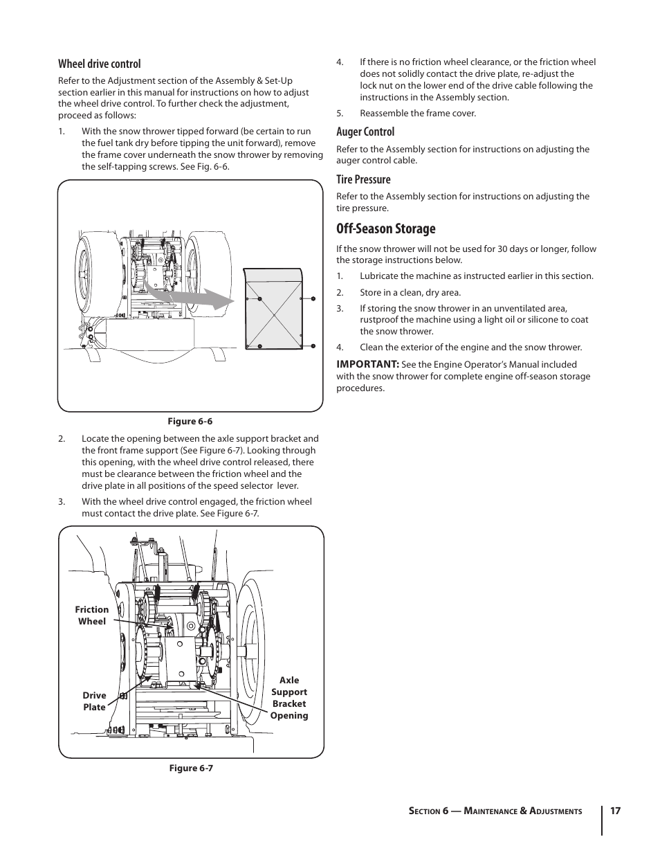 Off-season storage, Wheel drive control, Auger control | Tire pressure | Cub Cadet 945 SWE User Manual | Page 17 / 27