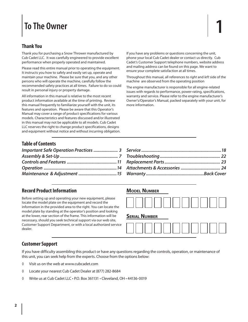 Record product information, Table of contents m, Customer support | Cub Cadet 945 SWE User Manual | Page 2 / 27