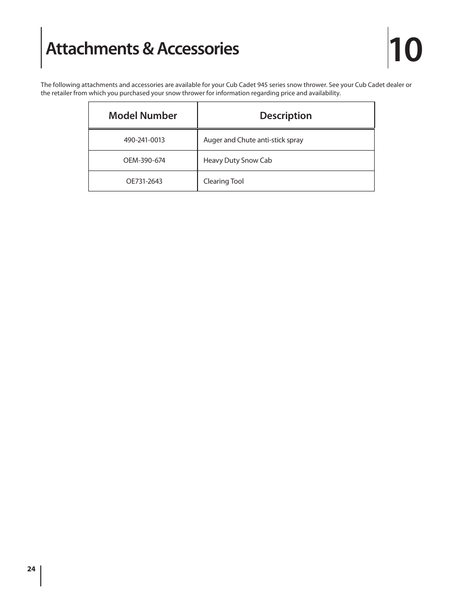 Attachments & accessories | Cub Cadet 945 SWE User Manual | Page 24 / 27