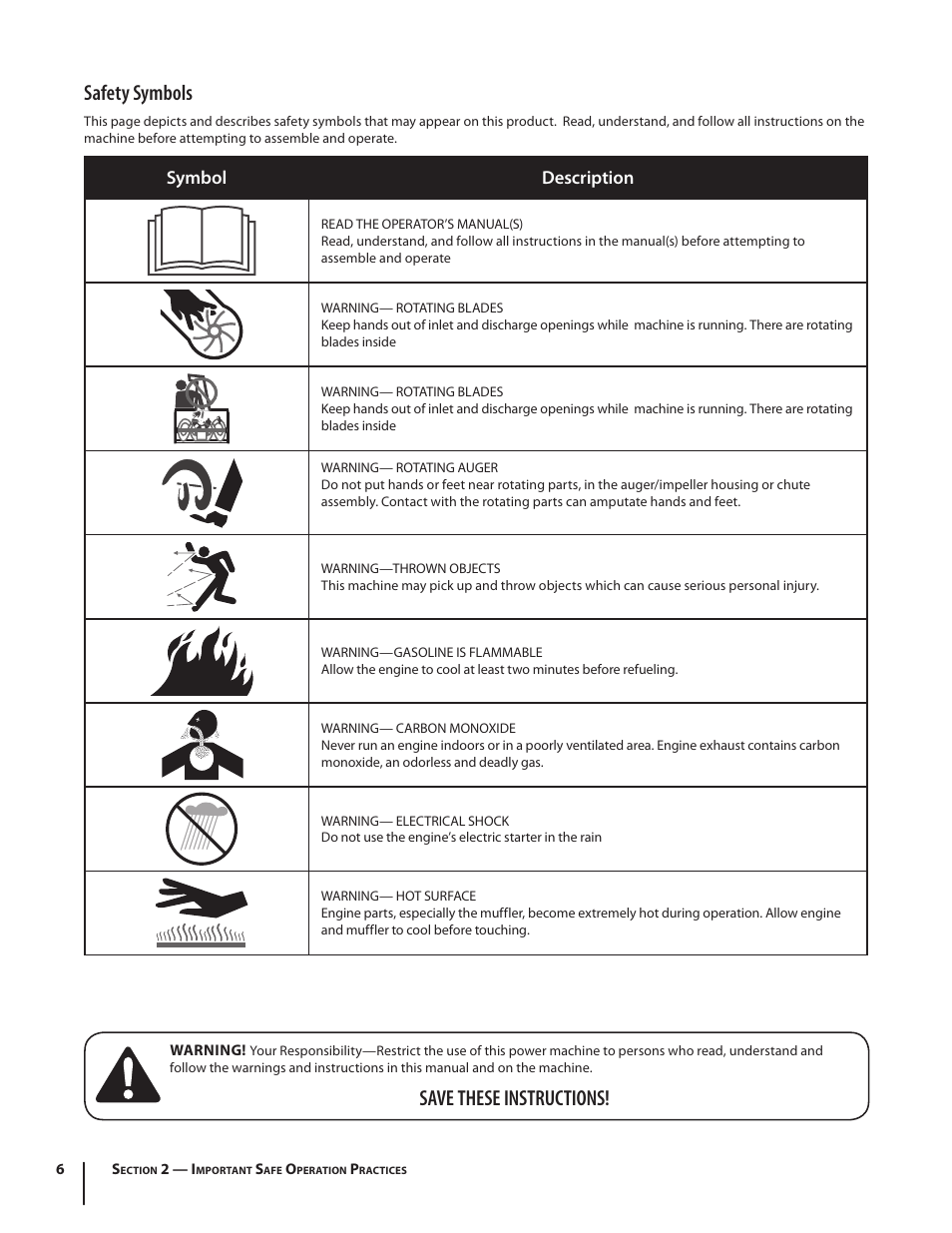 Safety symbols, Save these instructions, Symbol description | Cub Cadet 945 SWE User Manual | Page 6 / 27