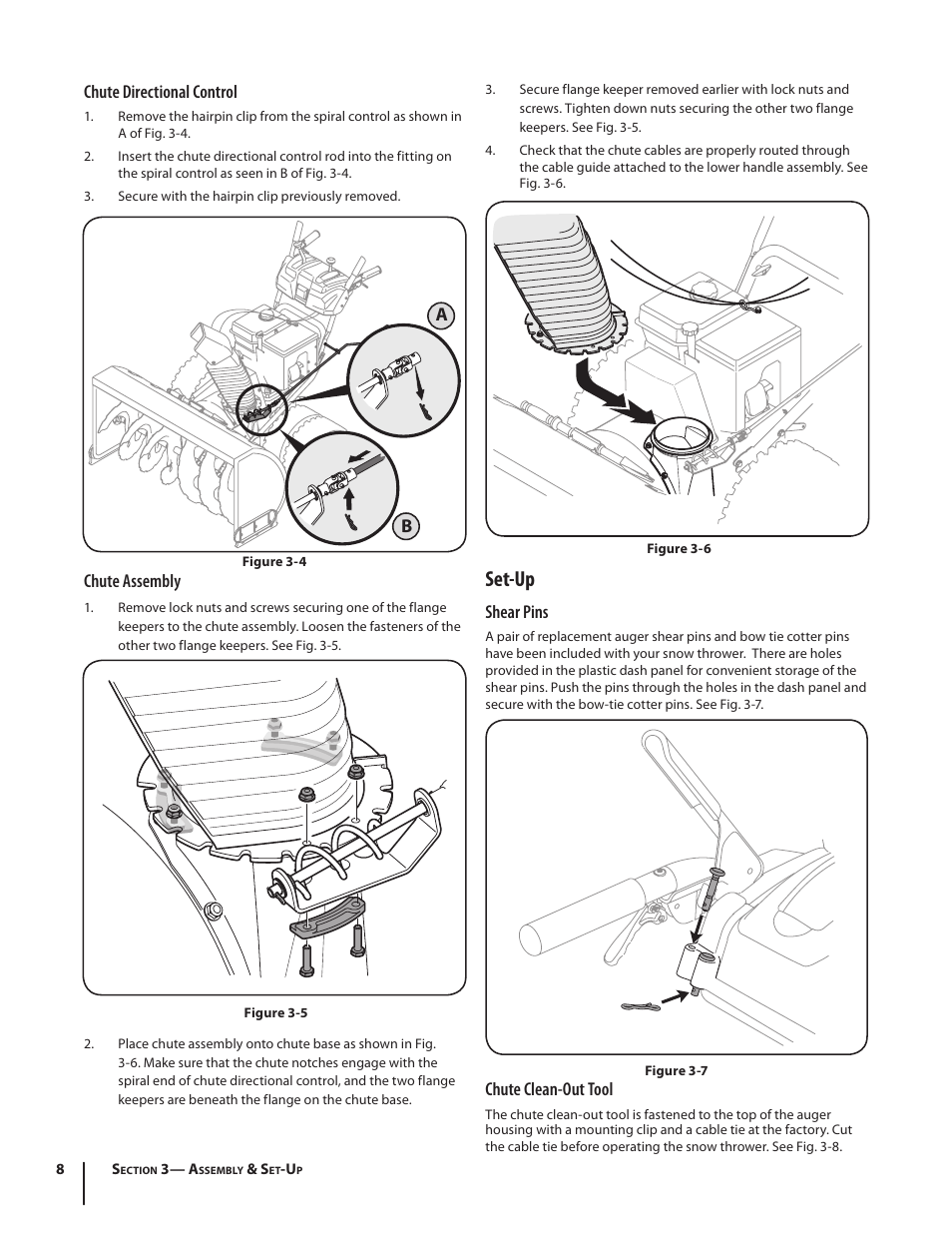 Set-up, Shear pins, Chute clean-out tool | Chute directional control, Chute assembly | Cub Cadet 945 SWE User Manual | Page 8 / 27