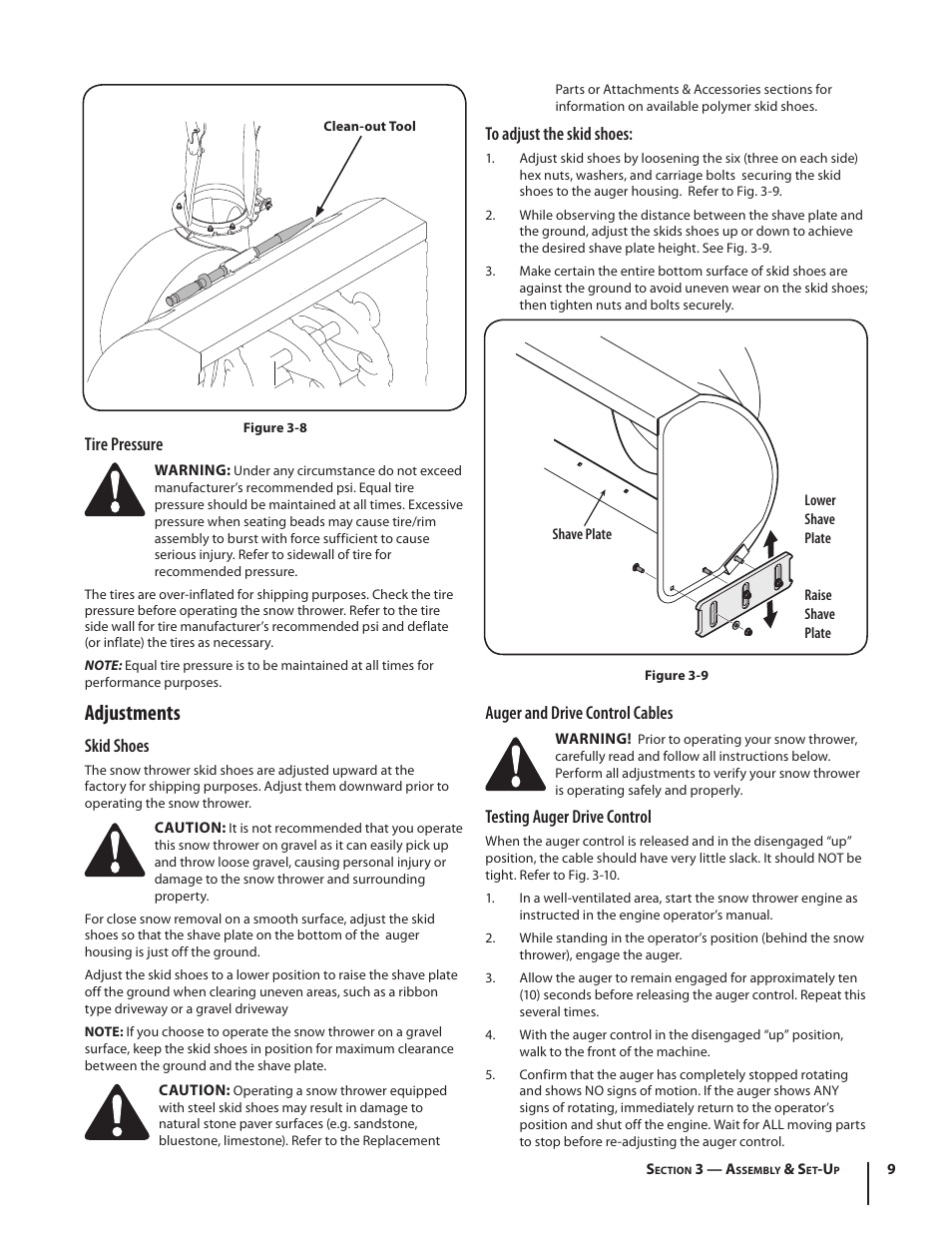 Adjustments, Auger and drive control cables, Testing auger drive control | Tire pressure, Skid shoes | Cub Cadet 945 SWE User Manual | Page 9 / 27