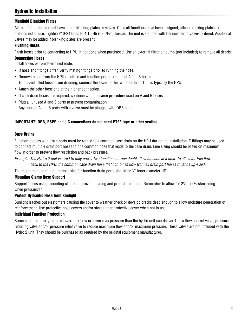 Hydraulic installation | Harken HYDRO 2 Power Unit  User Manual | Page 11 / 32