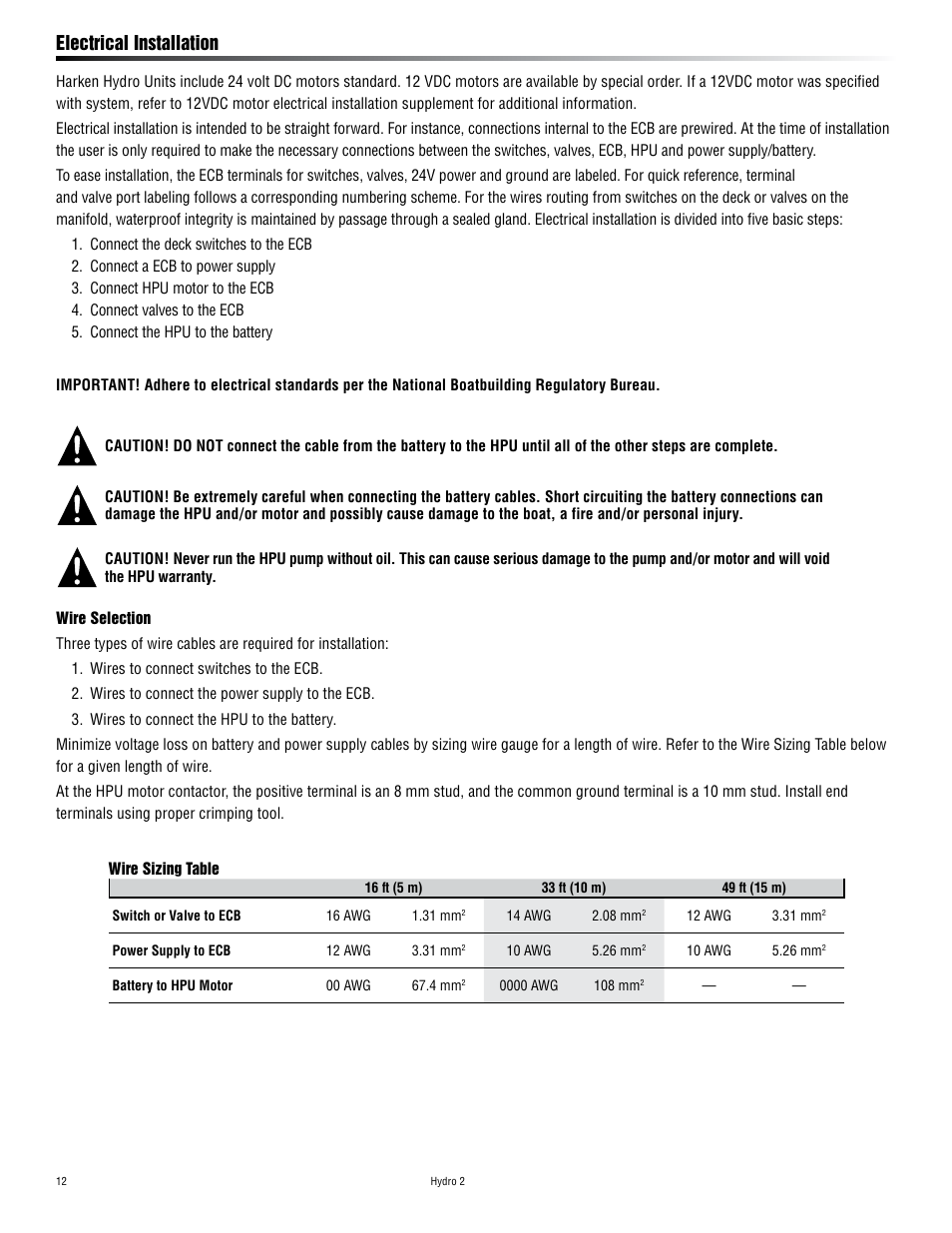 Electrical installation | Harken HYDRO 2 Power Unit  User Manual | Page 12 / 32