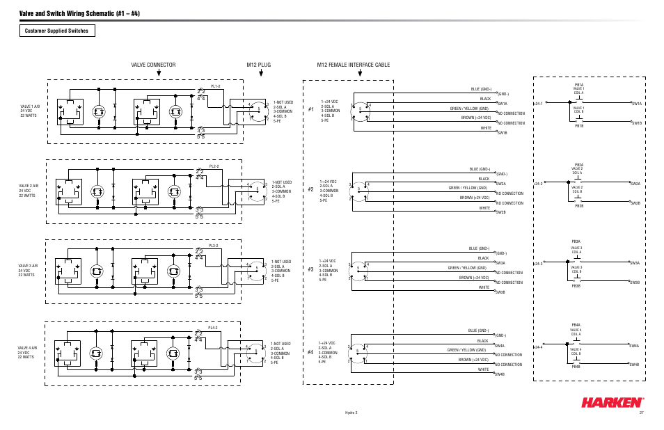 Valve and switch wiring schematic (#1 – #4) | Harken HYDRO 2 Power Unit  User Manual | Page 27 / 32