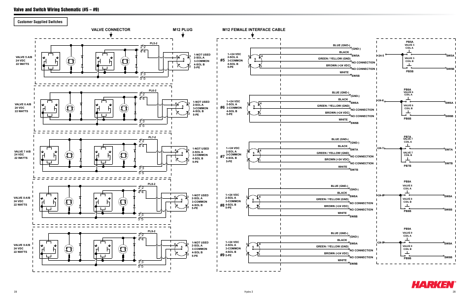 Valve and switch wiring schematic (#5 – #9) | Harken HYDRO 2 Power Unit  User Manual | Page 28 / 32