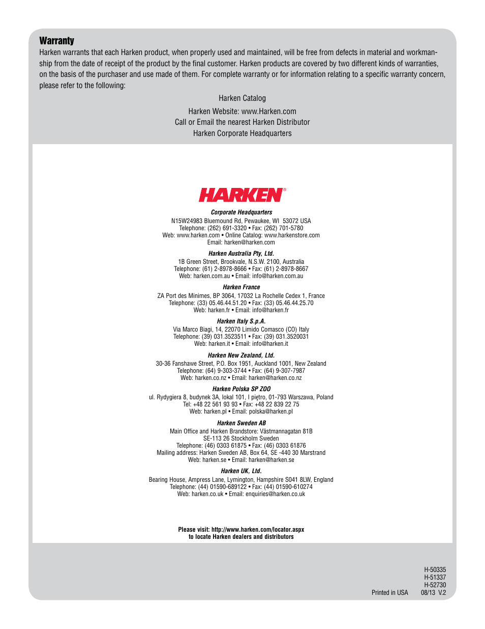 Warranty | Harken HYDRO 2 Power Unit  User Manual | Page 32 / 32