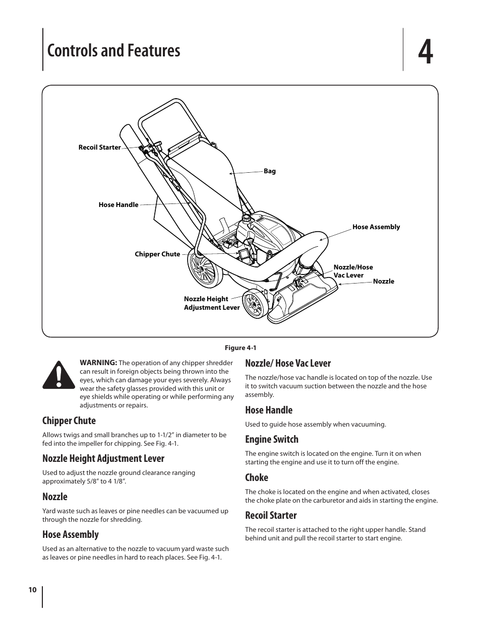 Controls and features, Chipper chute, Nozzle height adjustment lever | Nozzle, Hose assembly, Nozzle/ hose vac lever, Hose handle, Engine switch, Choke, Recoil starter | Cub Cadet CSV 050 User Manual | Page 10 / 60