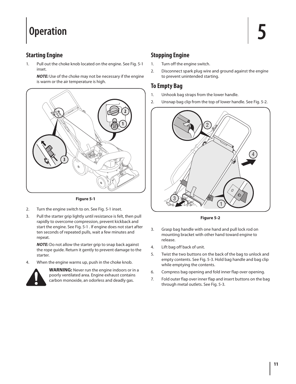 Operation, Starting engine, Stopping engine | Cub Cadet CSV 050 User Manual | Page 11 / 60